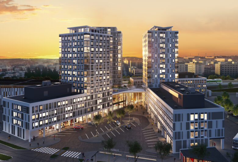 Modern mixed-use high-rise complex at sunset with plaza and city skyline