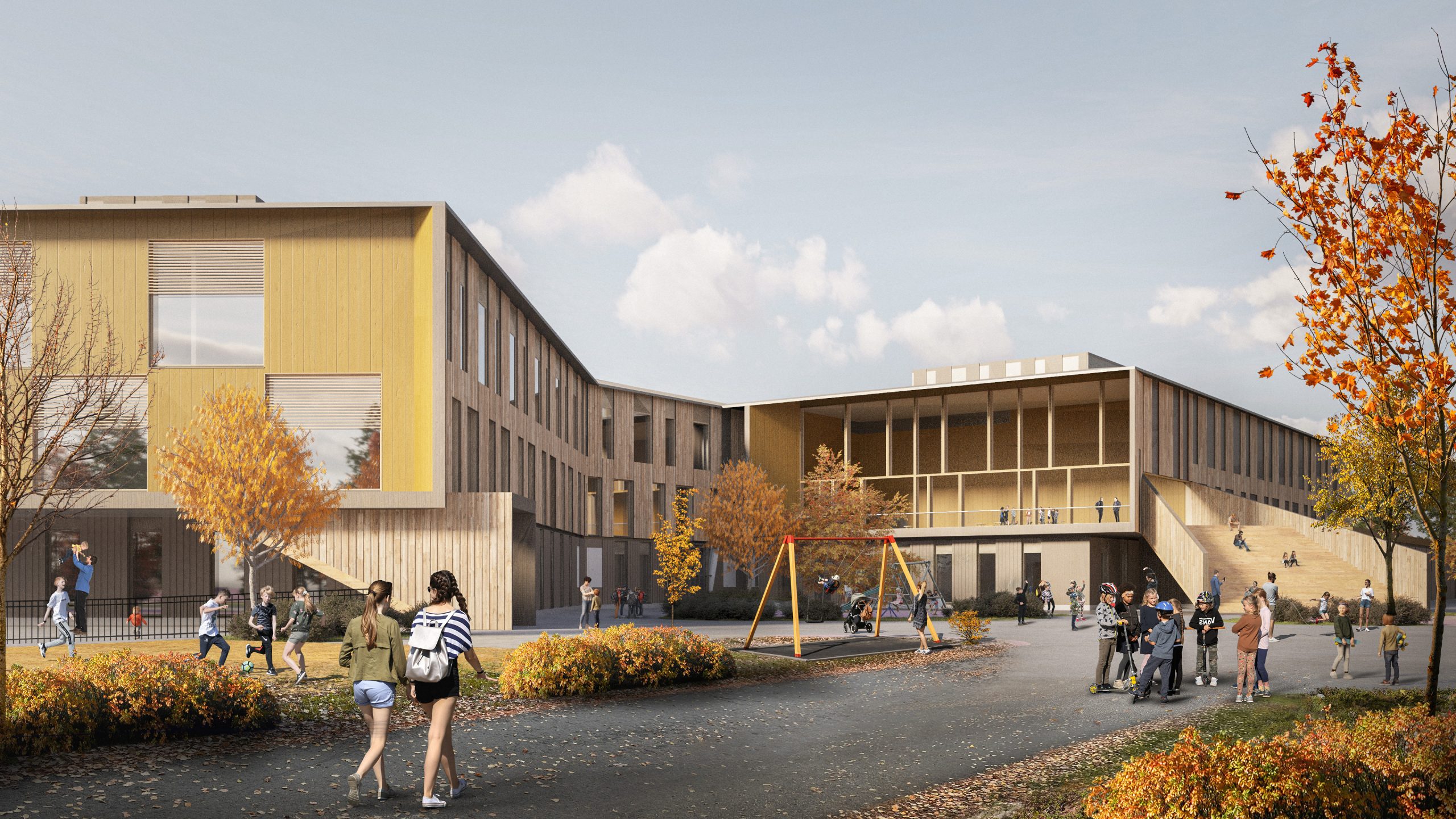 Havainnekuva Jääkärinkankaan monitoimitalosta. Ulkosivu on tehty puusta, ja talo on L:n muotoinen. Etualalla lapsia.