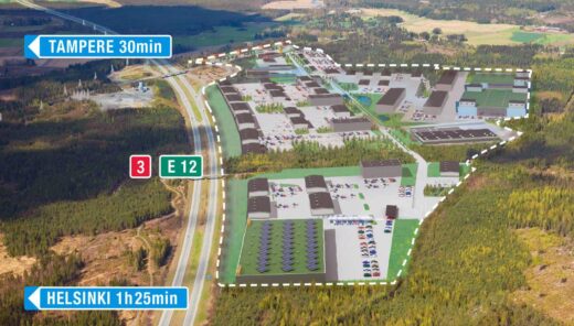 Havainnekuva ja samalla karttakuva Pirkanmaan Portin teollisuusalueen energiayhteisöstä, jota ympäröi metsä