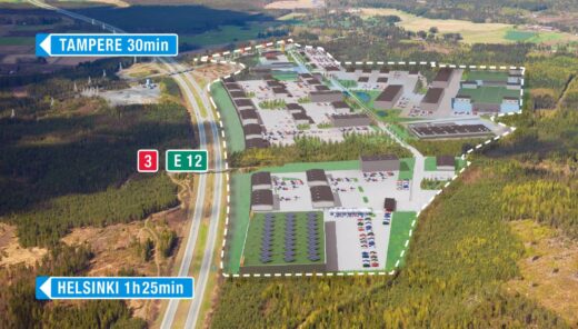 Illustrative map of Pirkanmaan Portti industrial area and the energy community, surrounded by forest