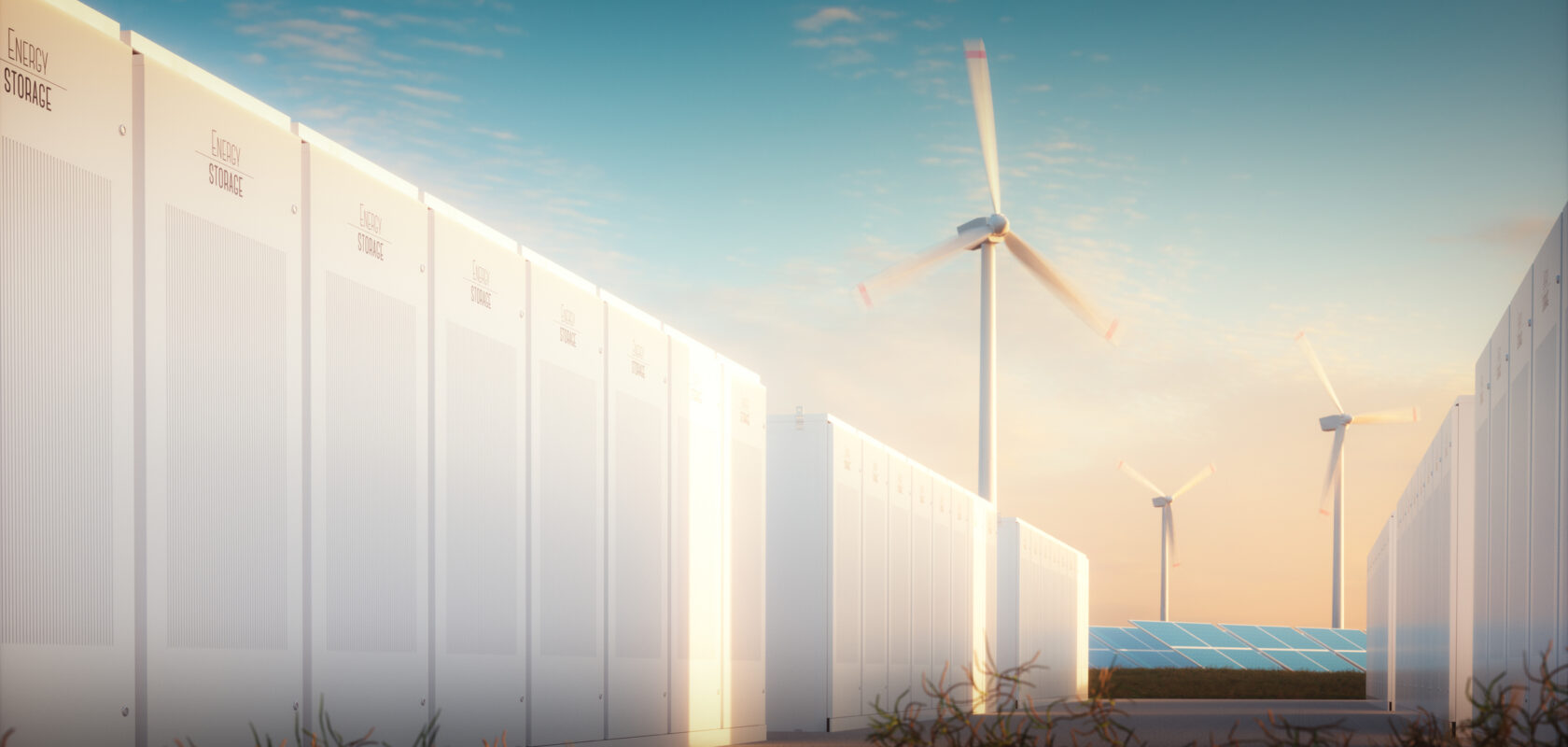 The image shows a row of large white storage containers labeled "LIQUID STORAGE" on both sides, leading towards a horizon with wind turbines and solar panels.