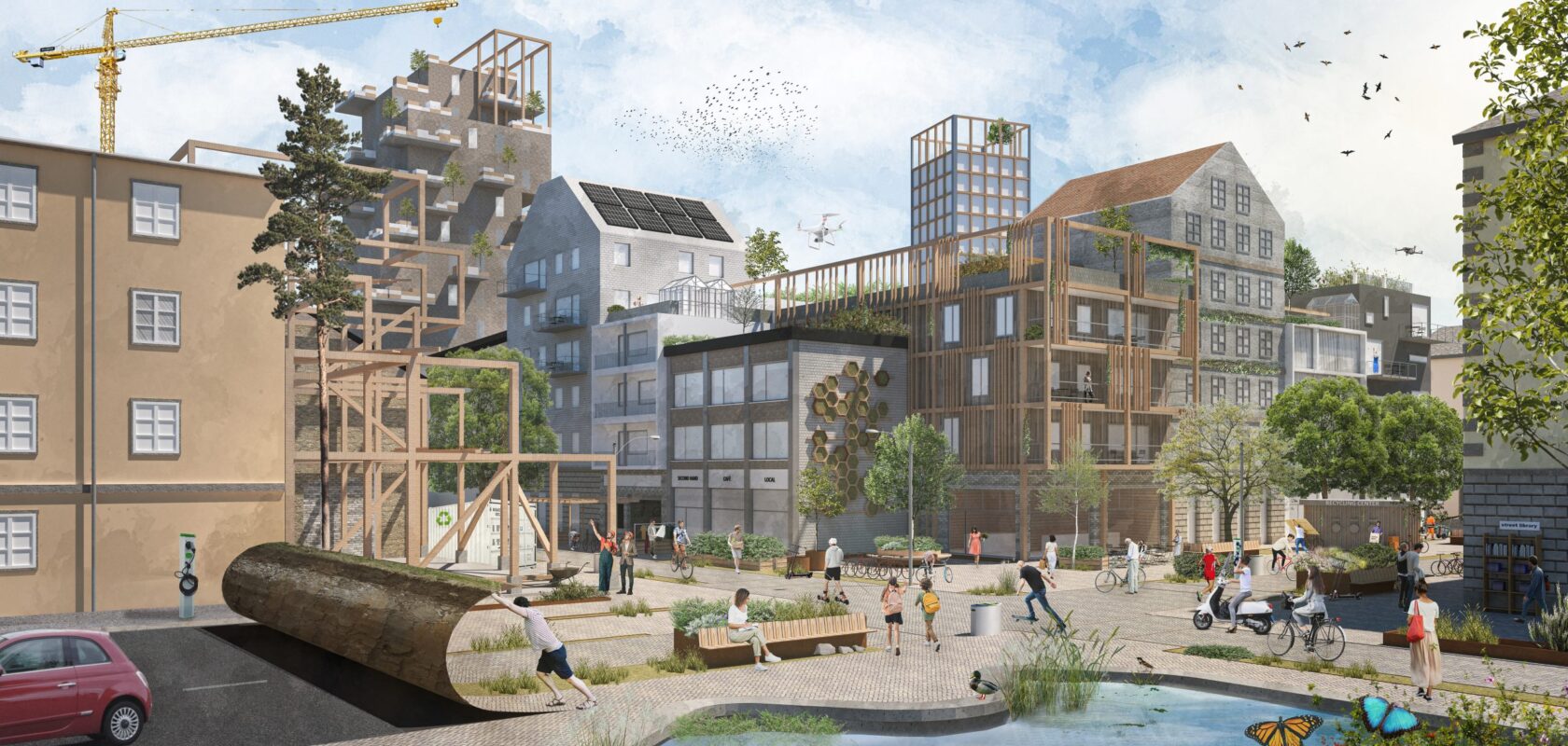 A modern urban neighborhood with diverse buildings, people engaging in activities, greenery, a pond with butterflies, and a construction crane in the background.