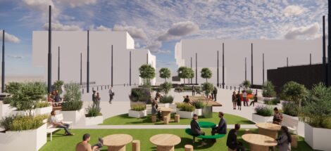 Havainnekuva toriaukeasta, johon tuotu kasveja ja istutuksia siirrettävissä säkeissä sekä ulkokalusteita istuskelua varten.