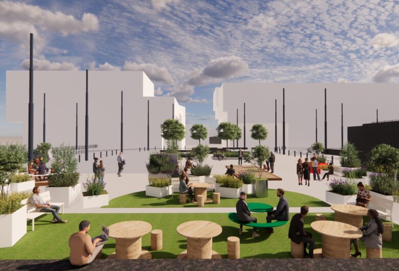 Illustration of a square with plants and greenery in movable bags as well as outdoor furniture.