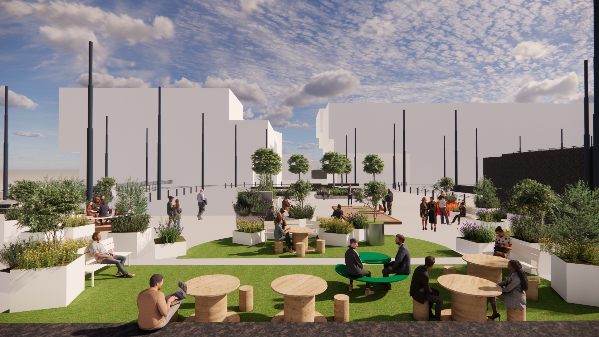 Illustration of a square with plants and greenery in movable bags as well as outdoor furniture.