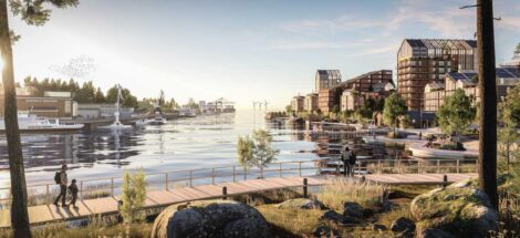 Visualisoinnissa kaupungin satama-allas, jonka toisella laidalla asuntoja, biodiversiteetti on runsasta.