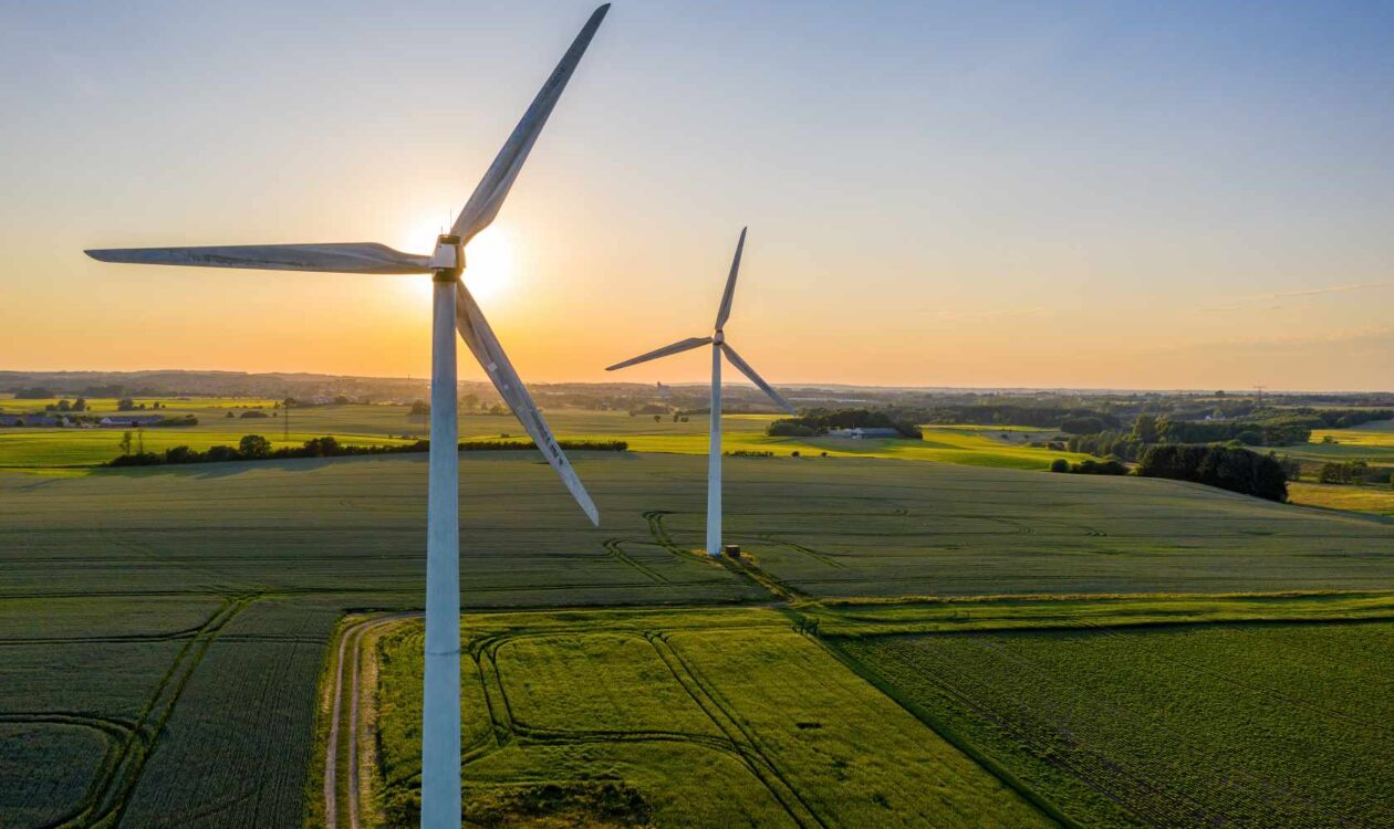 Kaksi tuulivoimalaa pellolla ilta-auringossa.