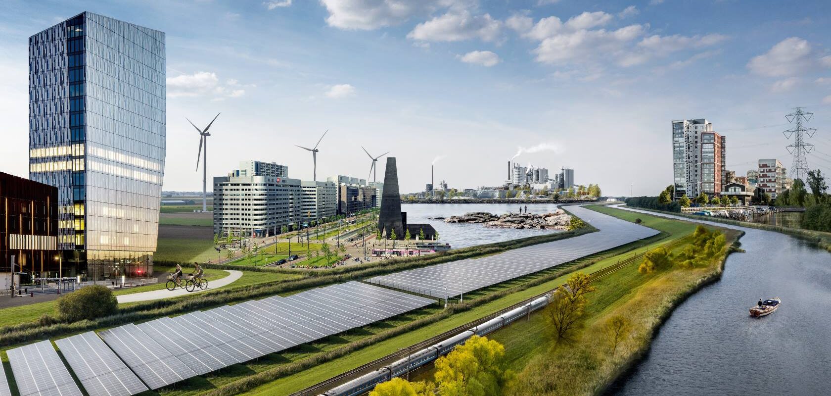 A modern cityscape featuring wind turbines, solar panels, high-rise buildings, residential complexes, green spaces, roads, a train on tracks near a river, and a boat on the water under partly cloudy skies