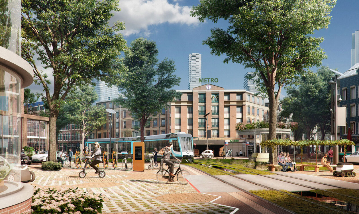 Kaupunkimaisema, jossa moderni raitiovaunu kulkee kadulla. Etualalla on pyöräilijöitä ja jalankulkijoita. Taustalla näkyy rakennuksia, puita ja metroasema.