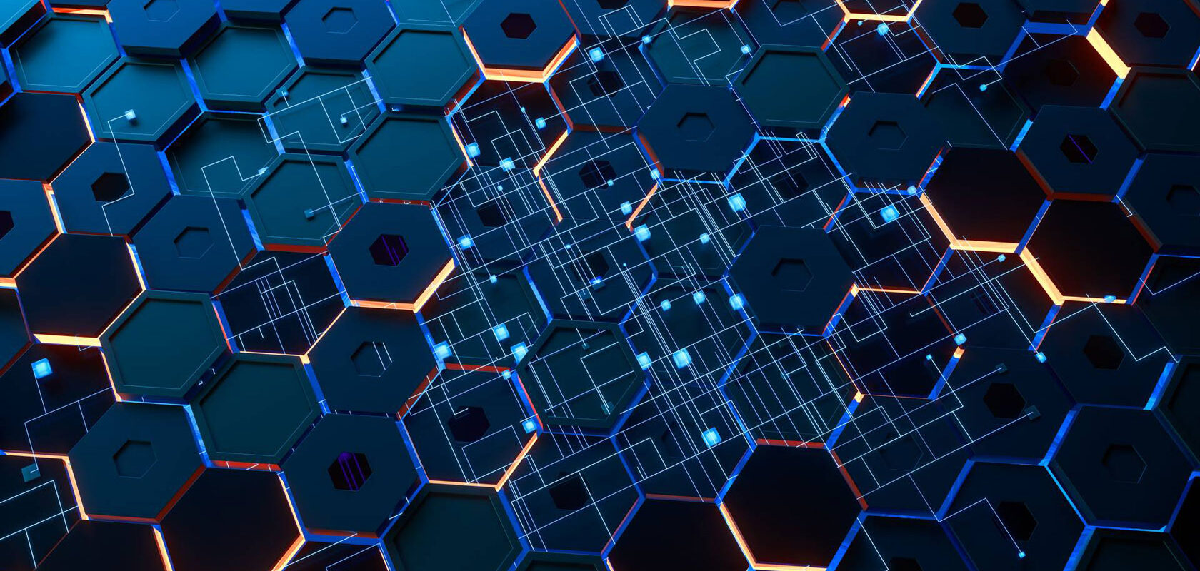 Futuristic hexagonal pattern with glowing circuit lines, representing advanced technology and networks.