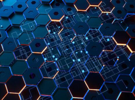 Futuristic hexagonal pattern with glowing circuit lines, representing advanced technology and networks.