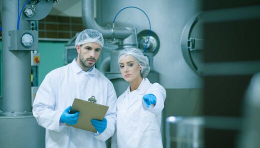Kaksi työntekijää tarkastelee laitteistoa tehtaassa. He ovat pukeutuneet suojavaatteisiin ja -hansikkaisiin.