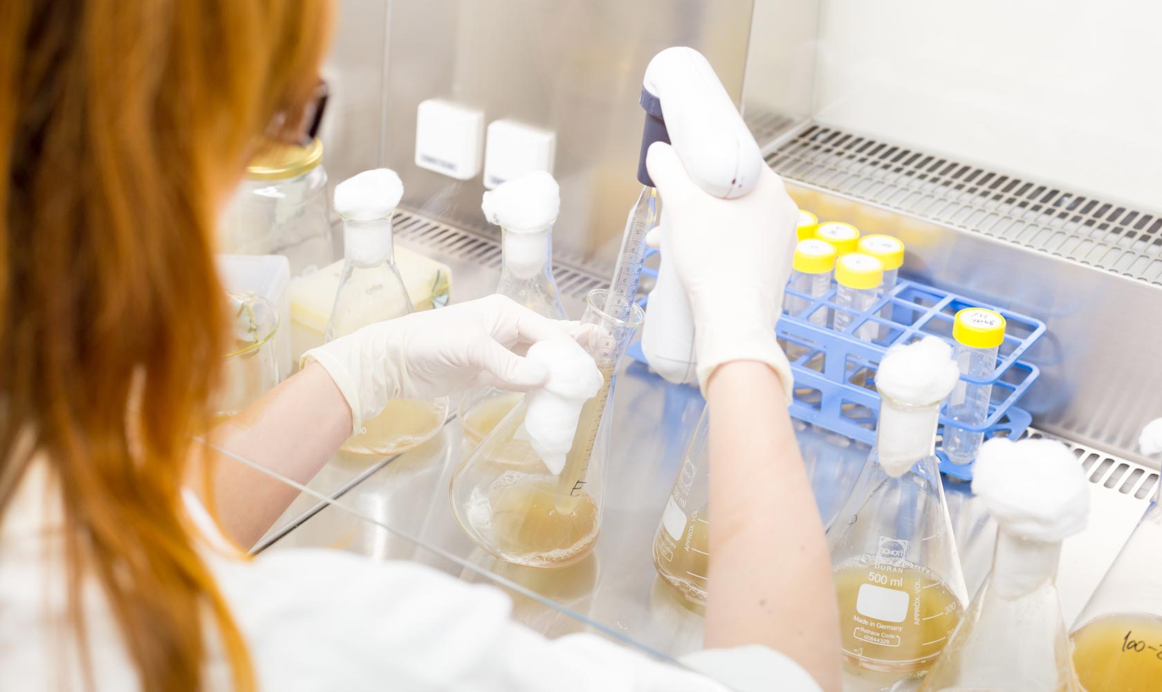 Tutkija pipetoi nestettä laboratoriossa, jossa on erlenmeyer-pulloja ja koeputkia.