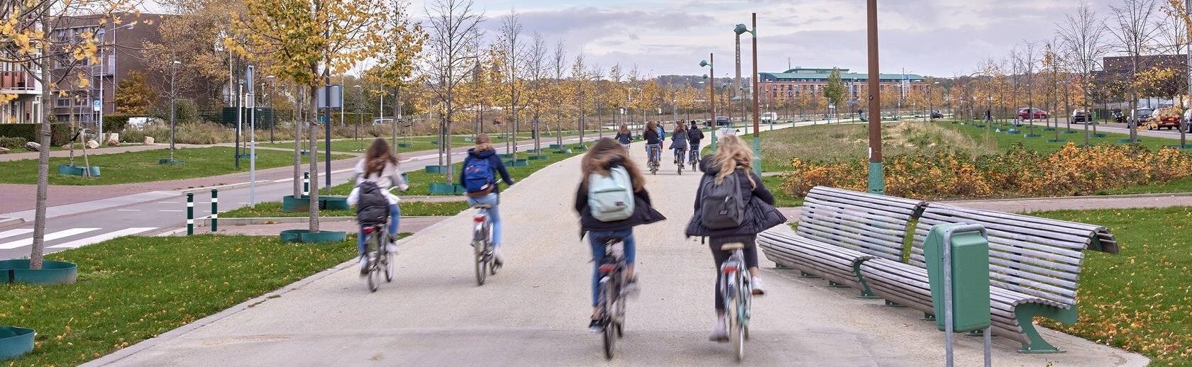 Syksyinen puistomainen maisema, jossa useita ihmisiä pyöräilee leveällä pyörätiellä. Pyöräilijöillä on reppuja selässään. Tien varrella on penkkejä, roskakoreja ja puita, joiden lehdet ovat osittain pudonneet. Taustalla näkyy rakennuksia pilvisenä päivänä