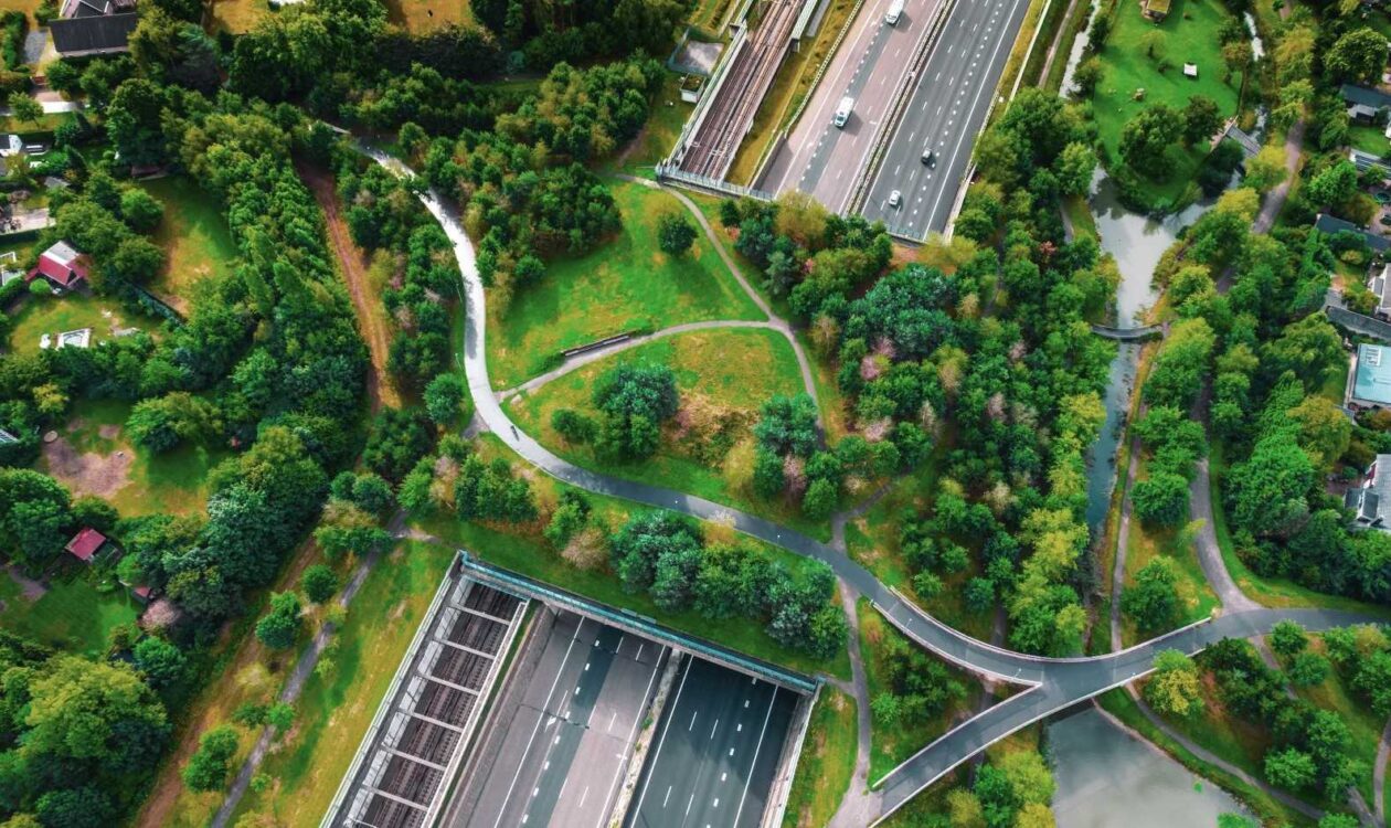 Ilmakuva moottoritiestä, joka menee tunneliin ja tunnelin päällä on vihreä puisto, puistossa kävelytie ja puita sekä tilaa monimuotoiselle luonnolle.