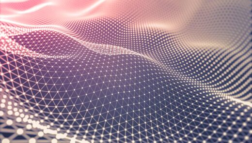 Abstrakti digitaalinen maisema, vaaleanpunaiset ja violetit verkko- ja pistekuviot.