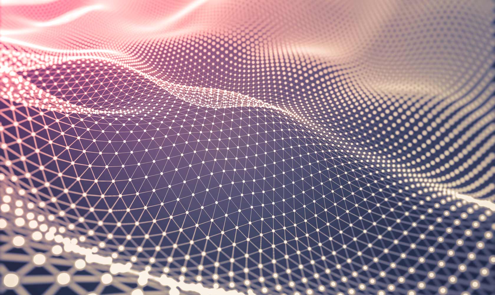 Abstrakti digitaalinen maisema, vaaleanpunaiset ja violetit verkko- ja pistekuviot.