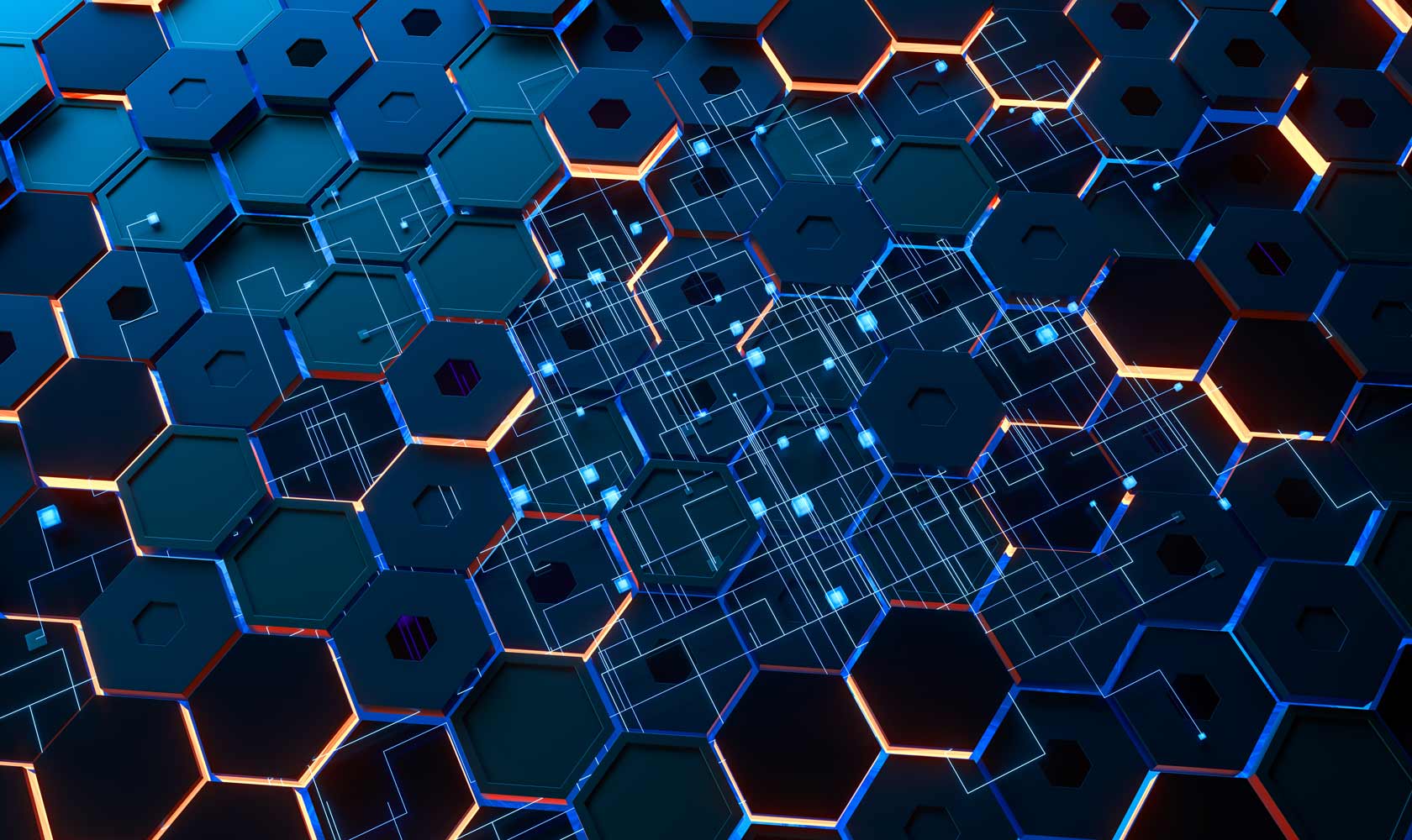 3D-hexagonit ja siniset piirilevyt digitaalinen taustakuva, teknologian innovaatio.