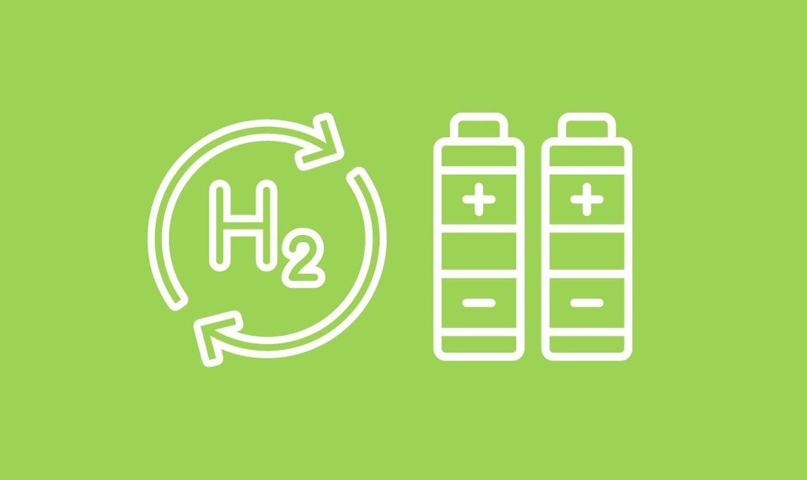 kirkkaan vihreällä pohjalla kirjaimet H2 ja kaksi graafista kuvaa pattereista