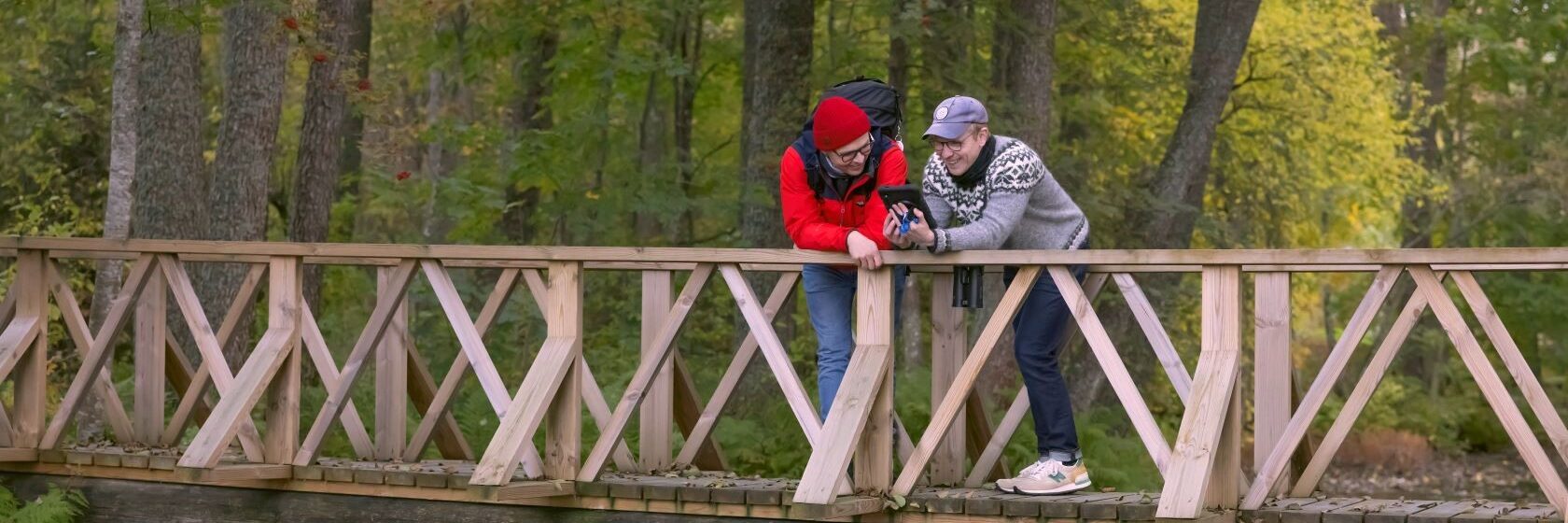 Two men wearing outdoor clothes, standing on a wooden walking bridge in a forest