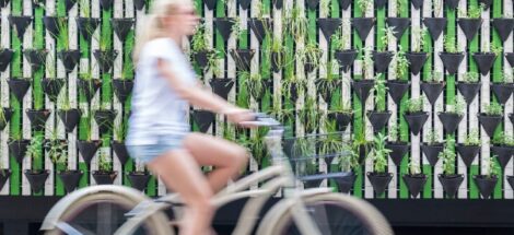 Nainen pyöräilee, taustalla vihertävä seinä