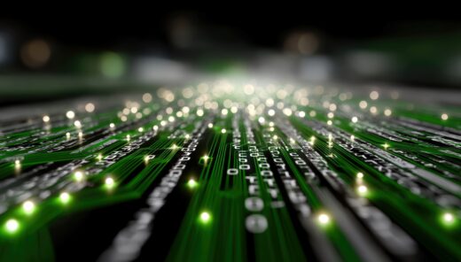 Glowing binary code on green circuit board representing digital data and cybersecurity