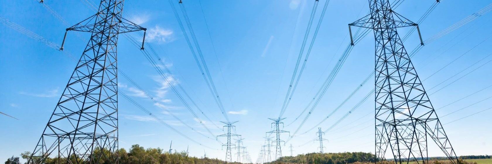 Two parallel high‑voltage power line pylons photographed from a meadow on a summer day.