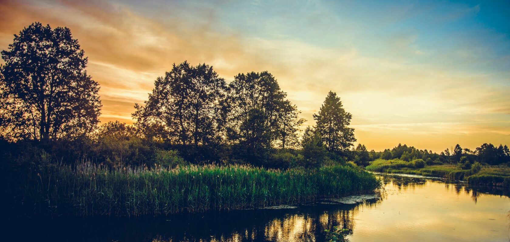 Maisema ilta-auringon kajossa, kuva järveltä rantaan päin, rannassa lehtipuita.