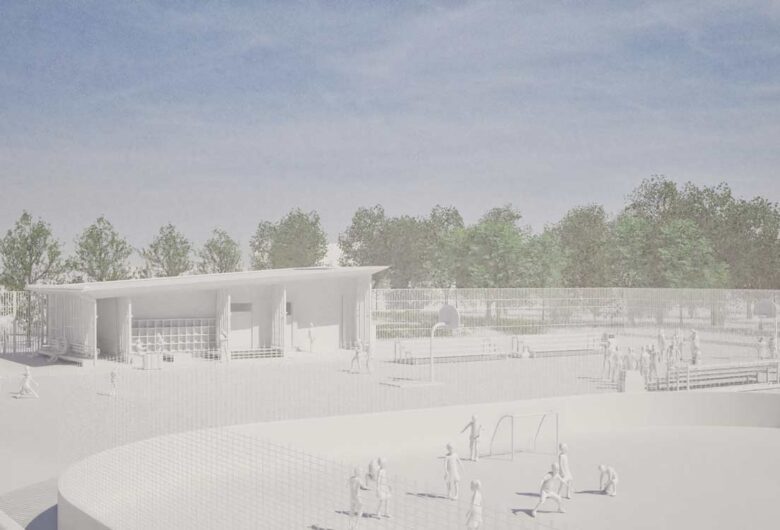 Arkkitehtuurimalli ulkoliikuntapuistosta, tekojääradasta ja viheralueista lintuperspektiivistä