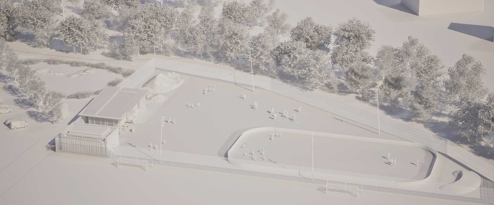 Architectural rendering of modern skate park and sports complex surrounded by trees.