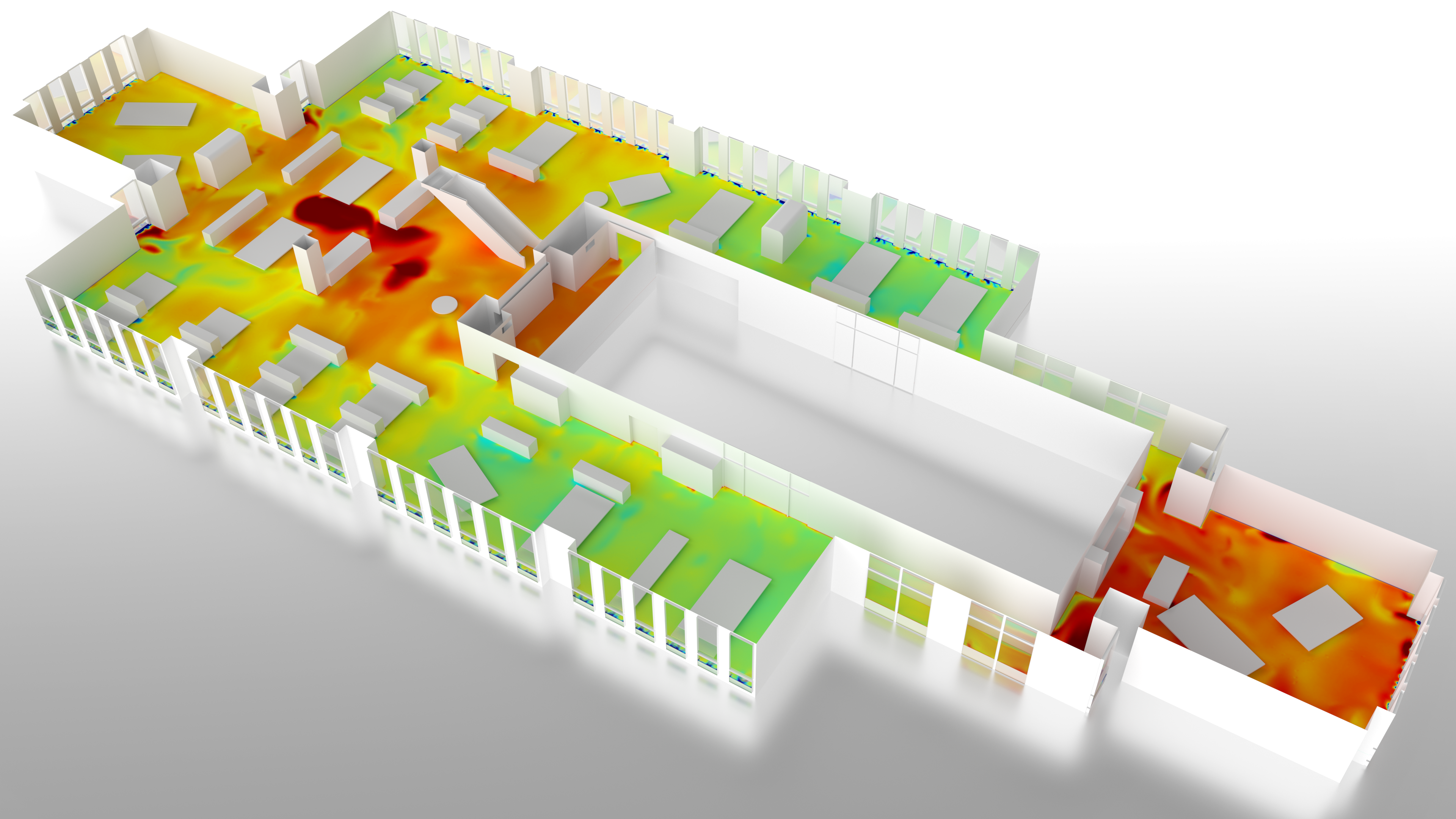 Illustrative image of an office space viewed from above, showing air temperature and airflow patterns indicated with different colors.