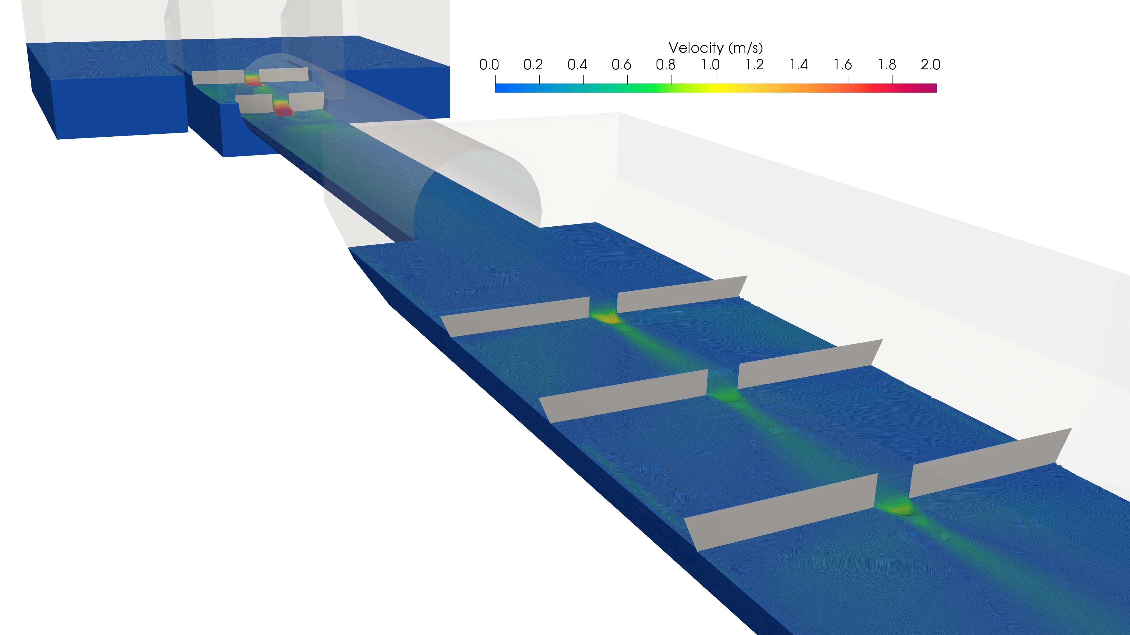 A CFD visualization of flow in a piping system.