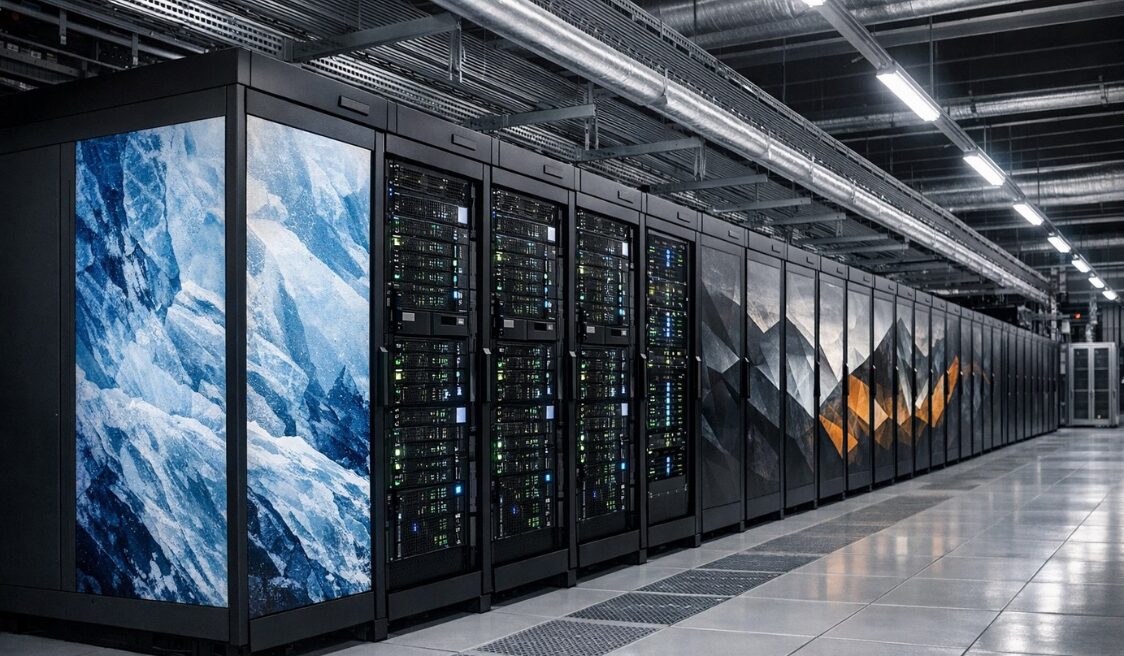 Modern data center server room with a long row of black server racks, visible equipment and overhead cable trays; decorative panels with abstract blue and gray graphics on the rack sides.