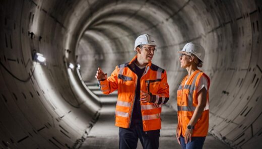 Engineers in orange safety gear inspecting a concrete tunnel construction site.