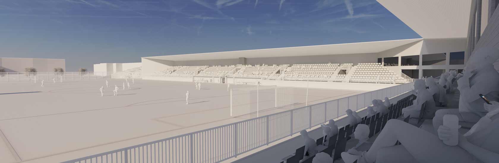 Moderni urheilustadion ja katsomo 3D-havainnekuvana sinisen taivaan alla.