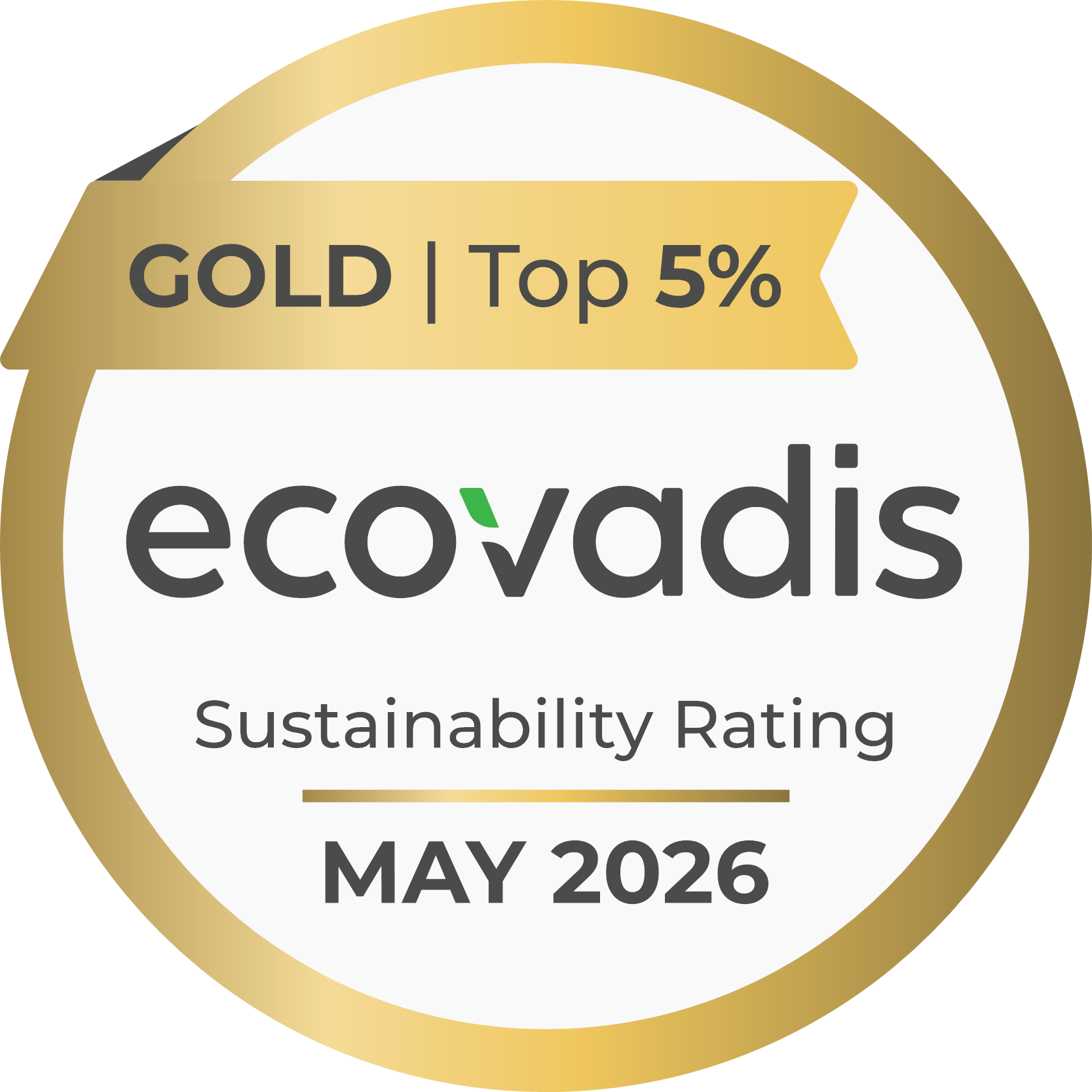 EcoVadis logo: Gold Top 5%, Sustainability rating, May 2026