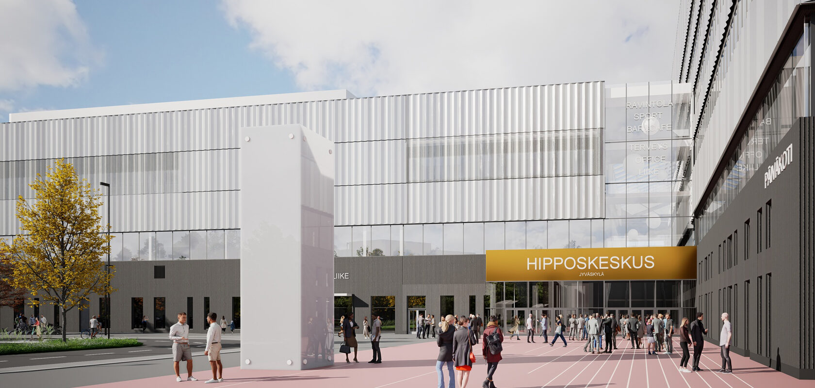 Hipposkeskus Jyväskylä moderni urheilukeskus, ihmiset kulkevat sisään pääsisäänkäynnille.