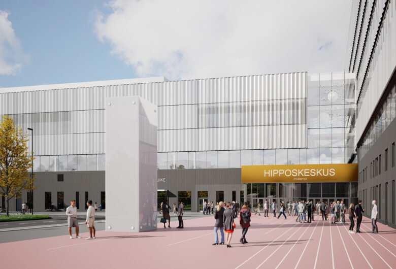 Hipposkeskus Jyväskylä moderni urheilukeskus, ihmiset kulkevat sisään pääsisäänkäynnille.