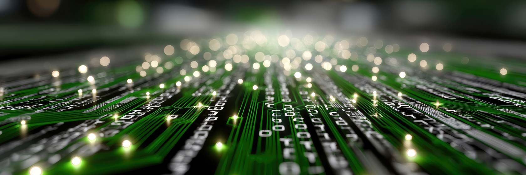 Valaistu vihreä piirilevy ja binäärikoodi digitaalista teknologiaa kuvaamassa.