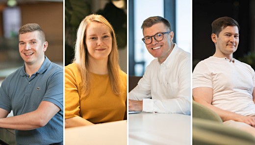 Neljä toimistotyöntekijää muotokuvissa työpaikalla, hymyileviä ammattilaisia.