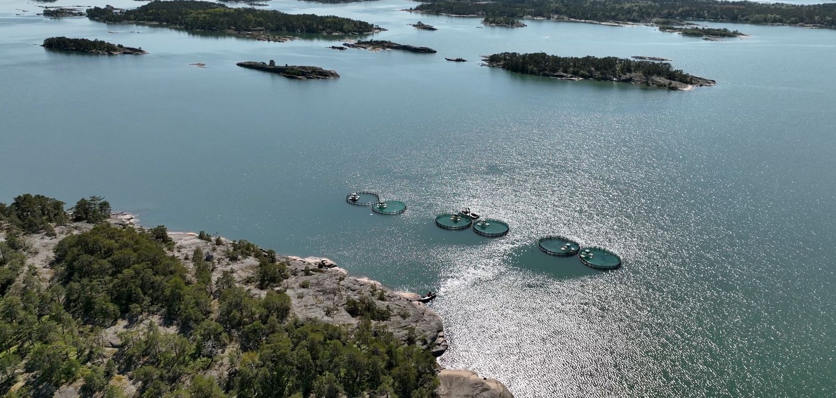 Ilmakuva kolmesta kalanviljelyaltaasta meren rannalla.